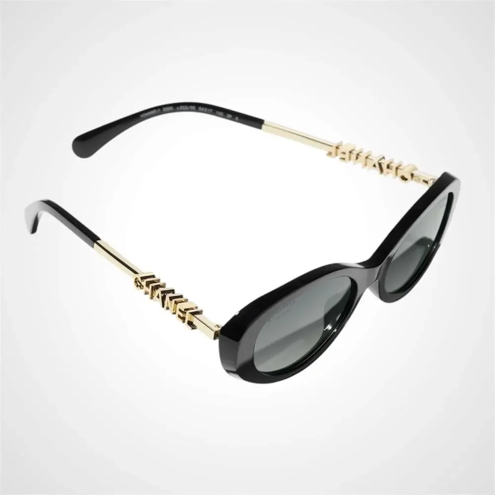 New Chanel Sunglasses Black Gold Oval Polarized Acetate Metal Cut Out Logo 54mm - Picture 4 of 5